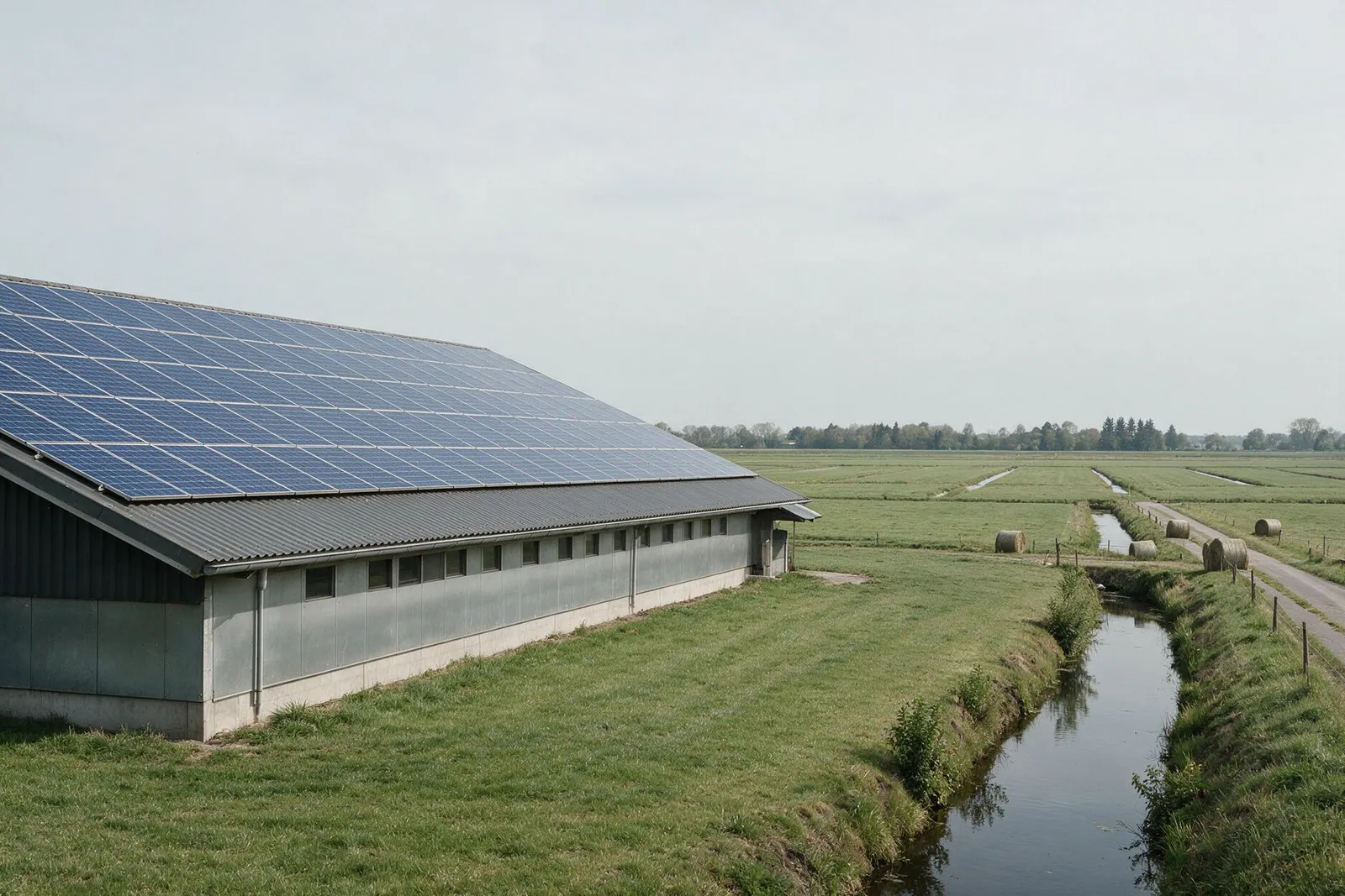 Agrarische bedrijfsschuur met zonnepanelen in het open Nederlandse landschap